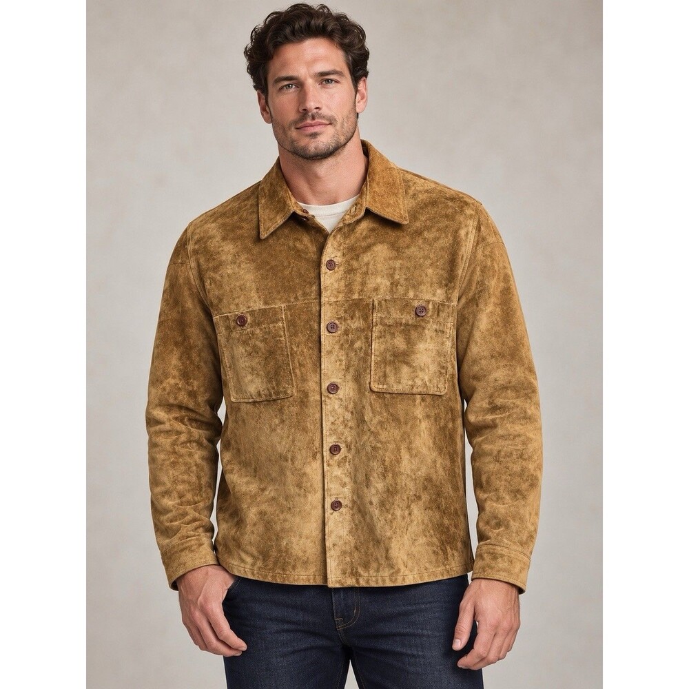 Baracuta Mens XL Tan Suede Leather Shirt Jacket Button Front Lined F